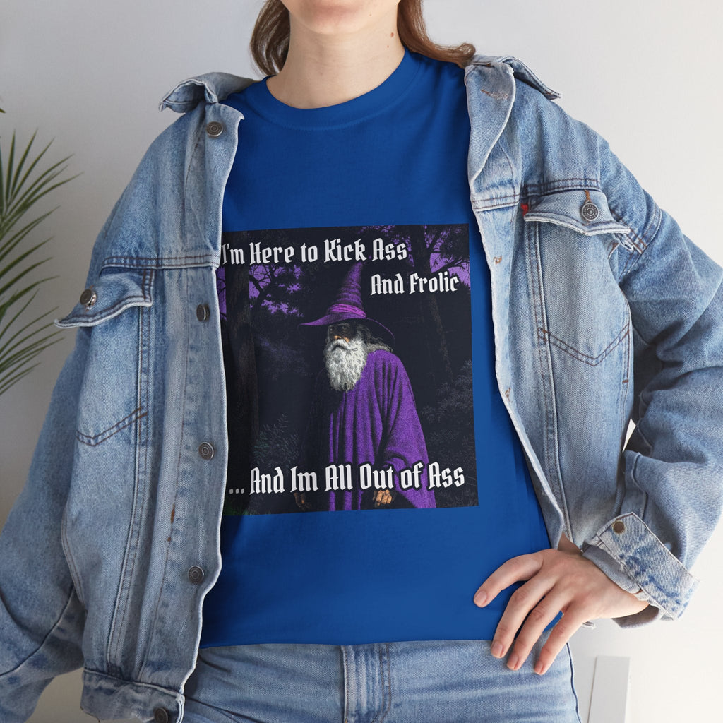 “Kick ass and Frolic” Galactic Wizard Meme Heavyweight Cotton T-Shirt - The Galactic Wizard Emporium - T-Shirt